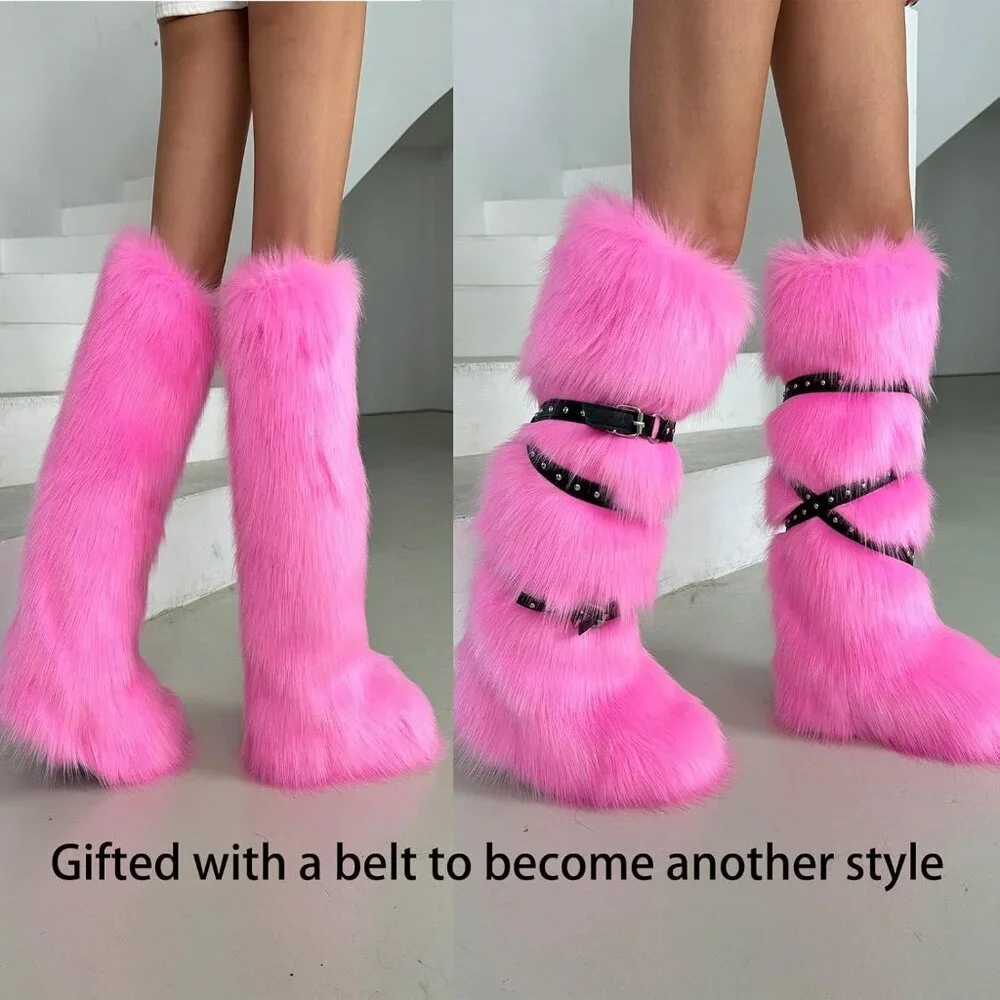 ⚡Women Pink Faux Fur Fluffy Cosy Round Toe Knee High Warm Outdoor Fur Boot